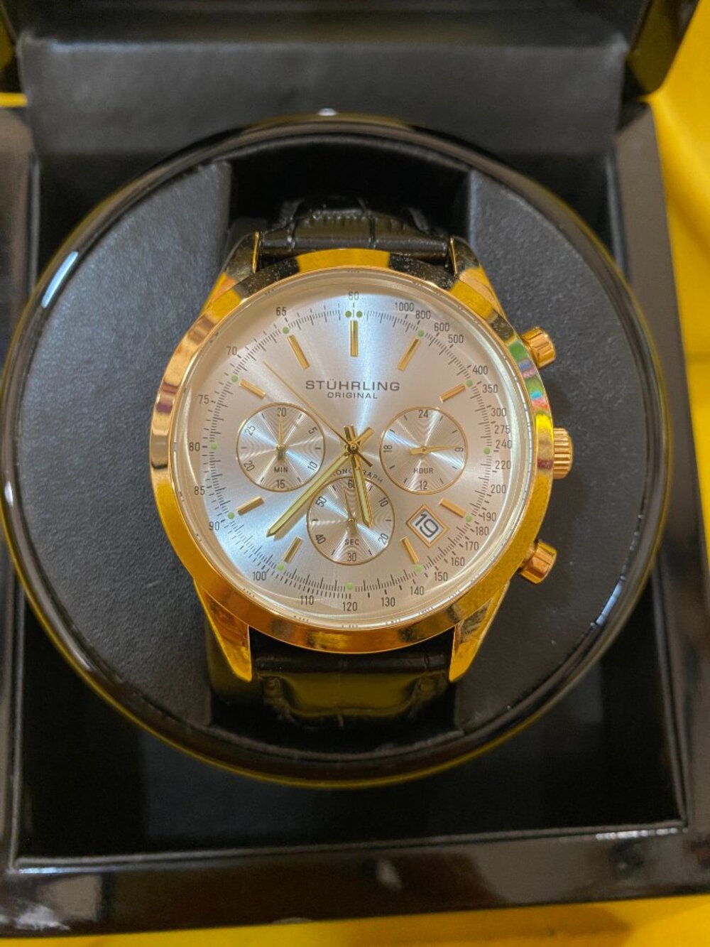 Stührling Original Men’s Gold Tone Chronograph Watch Black Leather Date 100M